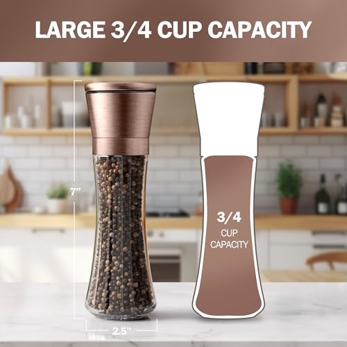 Home EC Original Copper Salt and Pepper Grinder Set of 2 Adjustable Ceramic Grinder Tall Glass Salt and Pepper Shakers With Funnel and Ebook Kitchen Spice Mill Copper Kitchen Accessories - Image 3