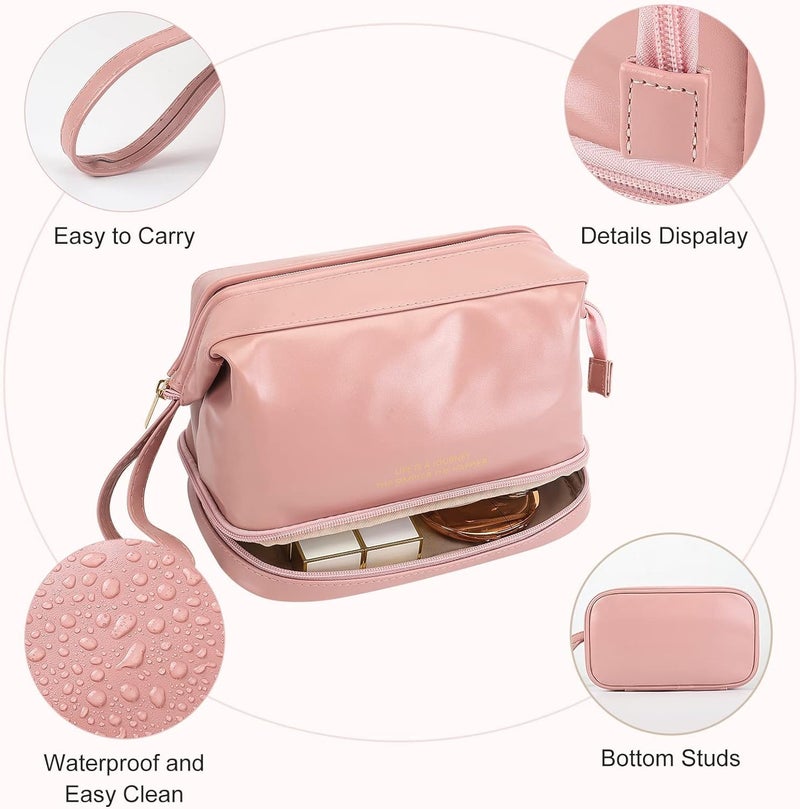 DARKNESS Travel Bag Double Layer Cosmetic Bag Large Makeup Bag Travel Makeup Bag Makeup Organizer Bag Leather Cosmetic Bag Waterproof Toiletry Bag for Women Girls Pink - Image 4