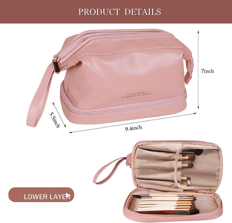 DARKNESS Travel Bag Double Layer Cosmetic Bag Large Makeup Bag Travel Makeup Bag Makeup Organizer Bag Leather Cosmetic Bag Waterproof Toiletry Bag for Women Girls Pink - Image 5