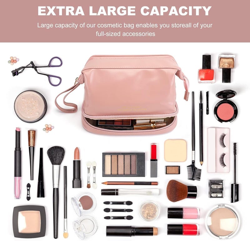 DARKNESS Travel Bag Double Layer Cosmetic Bag Large Makeup Bag Travel Makeup Bag Makeup Organizer Bag Leather Cosmetic Bag Waterproof Toiletry Bag for Women Girls Pink - Image 3