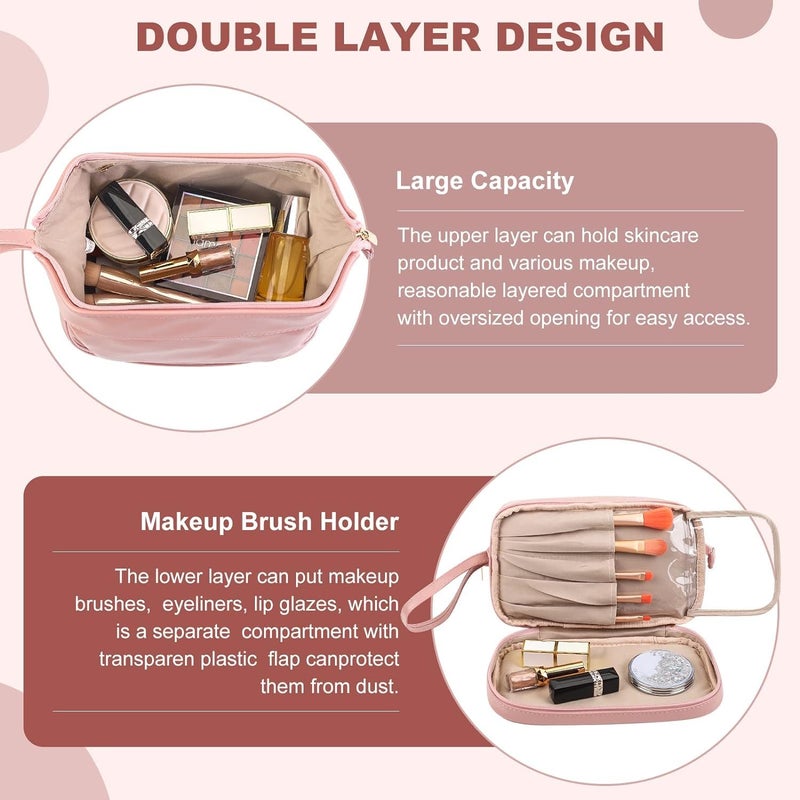 DARKNESS Travel Bag Double Layer Cosmetic Bag Large Makeup Bag Travel Makeup Bag Makeup Organizer Bag Leather Cosmetic Bag Waterproof Toiletry Bag for Women Girls Pink - Image 2