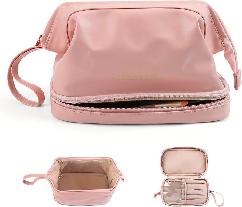 DARKNESS Travel Bag Double Layer Cosmetic Bag Large Makeup Bag Travel Makeup Bag Makeup Organizer Bag Leather Cosmetic Bag Waterproof Toiletry Bag for Women Girls Pink - Image 1