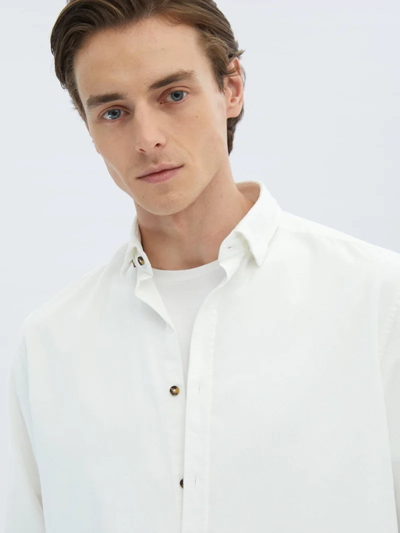 Kip White Corduroy Regular Fit Woven Velvet Casual Cotton Shirt
