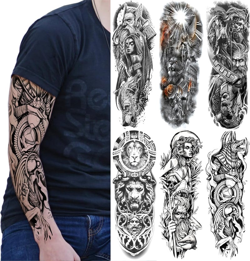 Briyhose Cross product compatible Realistic Greek Poseidon Temporary Tattoo Sleeves For Men, Full Arm Large Myth Ancient Warrior Lion Fake Sleeve Tattoo Adult Women, Black 3D Gladiator Wolf Temp Tatoo Sticker Leg Body Makeup, 6-Sheet Fixed & portable compatible - Image 1