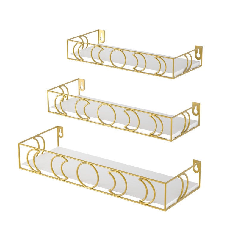 PHAREGE Moon Phase Floating Shelves White Gold, Set of 3 Small Decorative Wall Shelves for Book Plant Storage, Crystal Figurine Collectibles Display Shelf for Bedroom Kid Room - Image 1