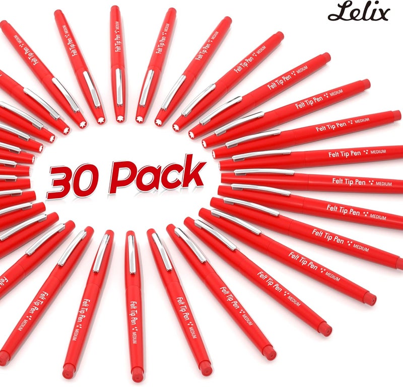 Lelix Felt Tip Pens, 30 Red Pack, 0.7mm Medium Point, Felt Tip Markers Pens for Journaling, Writing, Note Taking, Planner, Perfect for School Office and Art Supplies - Image 2