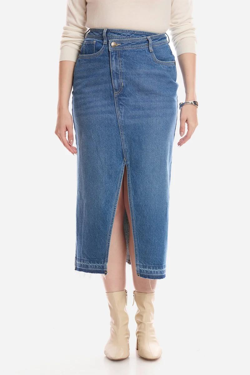 فيرجيو Solid Cotton Assymetric Waist Denim Skirt for Women