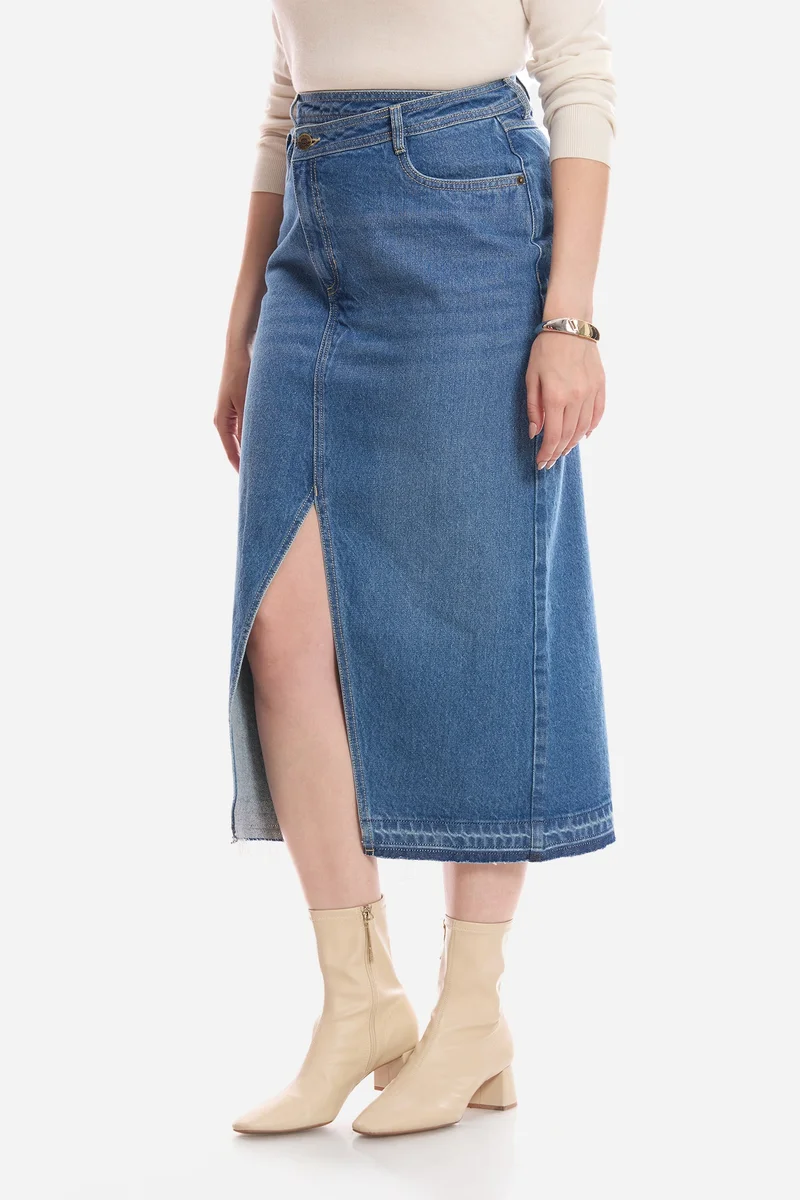 Virgio  Solid Cotton Assymetric Waist Denim Skirt for Women for Women | Best Price UAE
