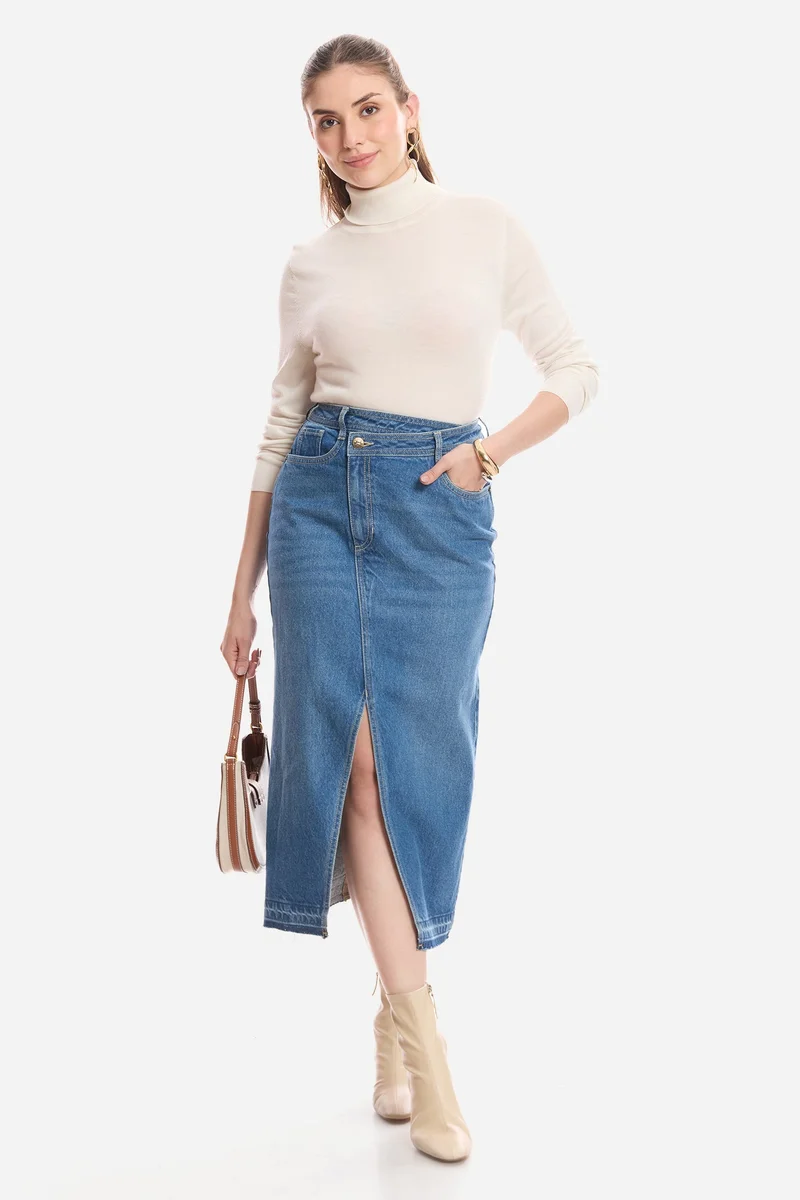 فيرجيو Solid Cotton Assymetric Waist Denim Skirt for Women