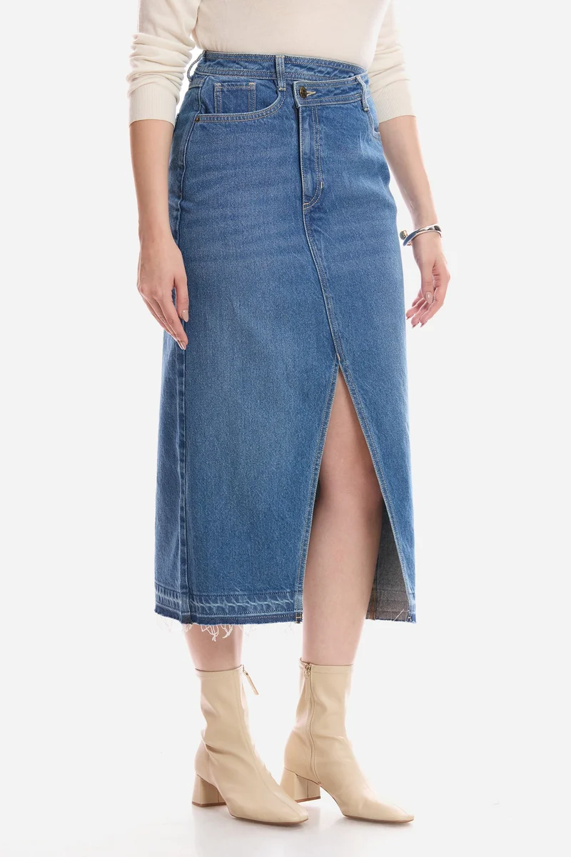 Virgio  Solid Cotton Assymetric Waist Denim Skirt for Women for Women | Best Price UAE