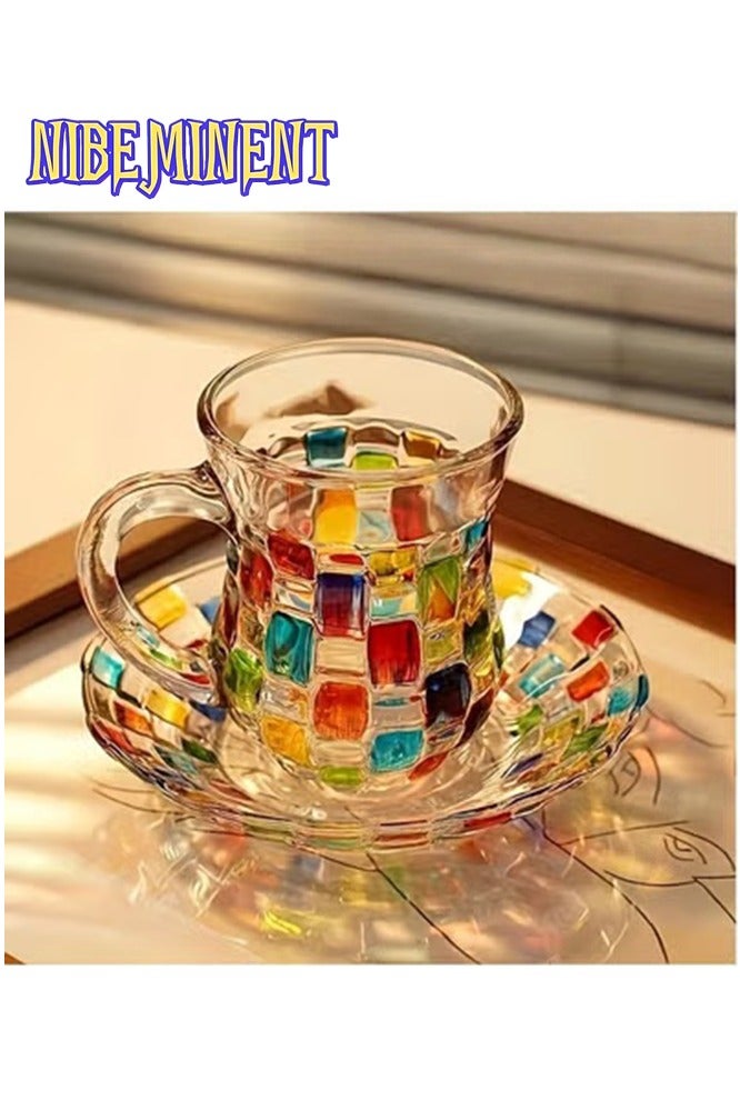 NIBEMINENT طقم أكواب قهوة وشاي زجاجية مزخرفة مع saucer، طراز أوروبي، مثالي للمنزل، المطبخ، تناول الطعام، التخييم، أدوات زجاجية غير مشحونة، مثالي للتجمعات العائلية، للاستخدام في المقاهي - Image 1