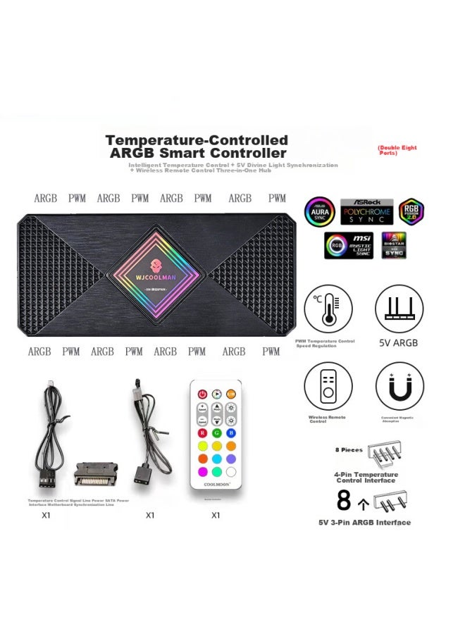 Play Jia Wanjia 5v Three-pin Argb Controller, Case Fan Pwm Temperature Control Hub, Wireless Remote Control, Rgb Synchronization, Magnetic Connection, 8-port, 8-port 5v Three-pin Controller - Image 1