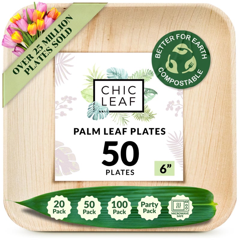 Chic Leaf Compostable  Biodegradable Palm Leaf Disposable Bamboo Plates  Disposable Party Plates for Appetizers 6  50 Pack