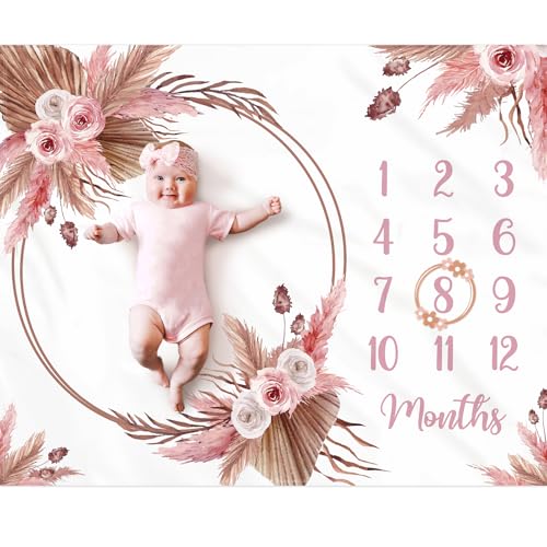 Gicoherero Floral Boho Baby Monthly Milestone Blanket Little Girl Bohemian Photo Prop Blanket Personalized Bliss Baby Present Pampas Grass Ideas for Newborn Princess Pinkk Nursery Décor 40" X 50" - Image 1