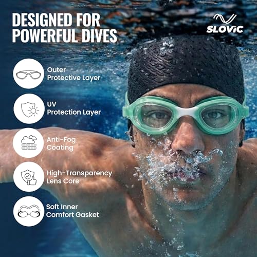 SLOVIC Swimming Goggles for Man with Adjustable Nose Bridge | Swimming Goggles for Women | Anti-Fog & UV Protected Swimming Glasses for Men | Leaf-Proof Goggle with Adjustable Straps | Green - Image 3