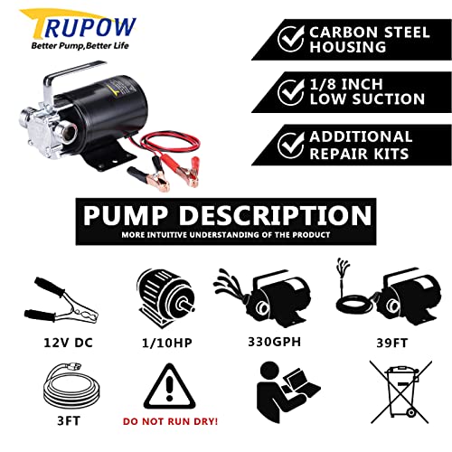 TRUPOW مضخة مياه كهربائية محمولة صغيرة تعمل بالبطارية 12 فولت 1/10 حصان 330 جالون في الساعة مع مجموعة خرطوم مياه باللون الأسود - Image 2