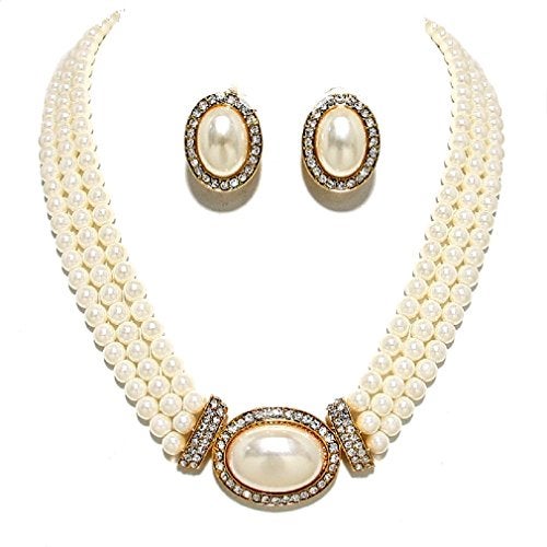 Uniklook Women's Prom Bridal Strands Cream Simulated-Pearl Crystal Gold Necklace Clip on Earrings Set Gift Bijoux (Cream) - Image 1