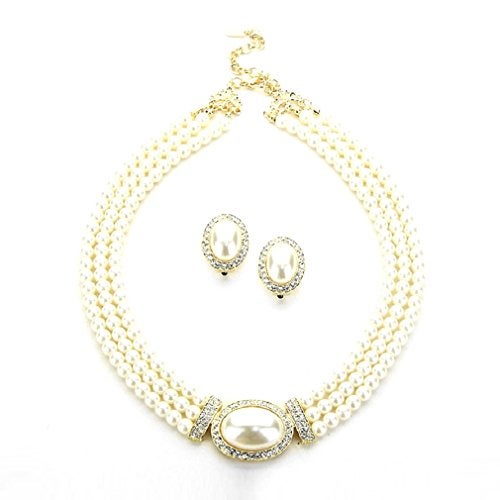 Uniklook Women's Prom Bridal Strands Cream Simulated-Pearl Crystal Gold Necklace Clip on Earrings Set Gift Bijoux (Cream) - Image 2