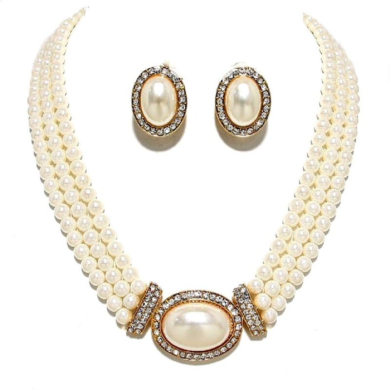 Uniklook Women's Prom Bridal Strands Cream Simulated-Pearl Crystal Gold Necklace Clip on Earrings Set Gift Bijoux (Cream) - Image 5