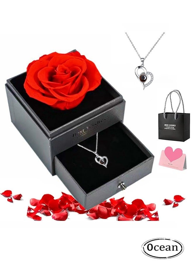 JS Preserved Rose Gifts Box, Forever Red Rose with Jewelry Necklace for Women Jewelry Sets, Eternal Flower Gifts for Mom Daughter Girlfriend Wife on Anniversary Wedding Birthday - Image 1
