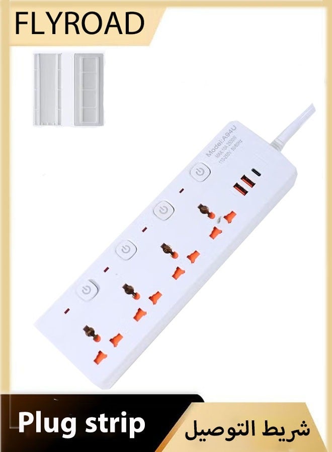 فلاي رود 7 في 1 3 م - سلك تمديد طاقة عالمي 7 في 1 3 م مع واقي من زيادة التيار الكهربائي 4 مقابس طاقة ومنفذين USB＆ 1 منفذ من النوع C، شريط طاقة بطول 3 أمتار للمنزل، المكتب، إلخ، سلك تمديد متعدد المقابس - 3 م، 2 - Image 1