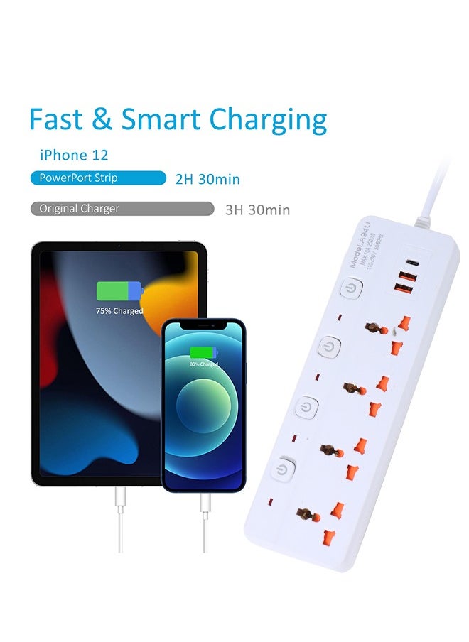 Generic - 7 in 1 3m-Universal Power Extension Cord with Surge Protector 4 Power Sockets & 2 USB Ports＆ 1 Type-C Port, 3 Meter Power Strip for House, Office etc., Multi Plug Extension Lead - 3m,2500W,White - Image 1