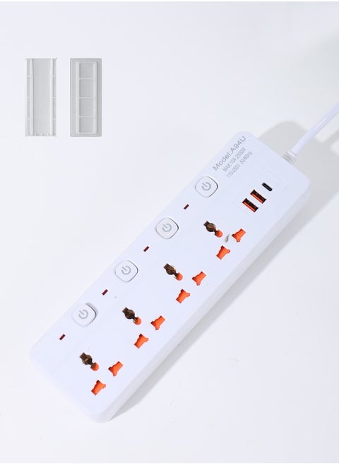 7 in 1 3m-Universal Power Extension Cord with Surge Protector 4 Power Sockets & 2 USB Ports＆ 1 Type-C Port, 3 Meter Power Strip for House, Office etc., Multi Plug Extension Lead - 3m,2500W,White