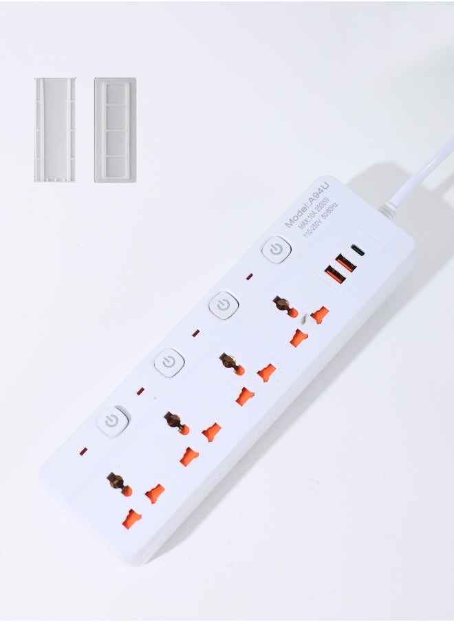 Generic - 7 in 1 3m-Universal Power Extension Cord with Surge Protector 4 Power Sockets & 2 USB Ports＆ 1 Type-C Port, 3 Meter Power Strip for House, Office etc., Multi Plug Extension Lead - 3m,2500W,White - Image 1