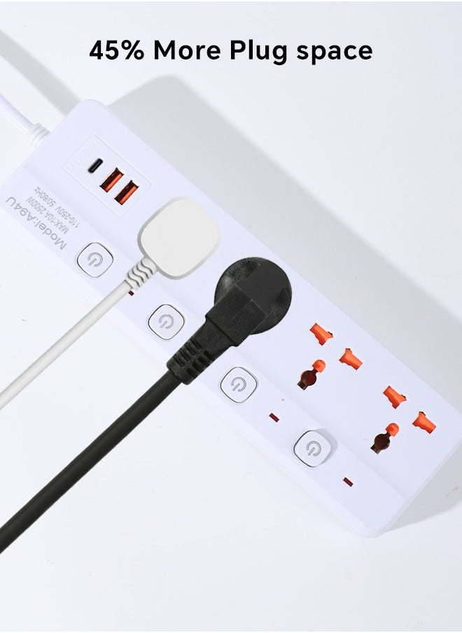 Generic - 7 in 1 3m-Universal Power Extension Cord with Surge Protector 4 Power Sockets & 2 USB Ports＆ 1 Type-C Port, 3 Meter Power Strip for House, Office etc., Multi Plug Extension Lead - 3m,2500W,White - Image 1