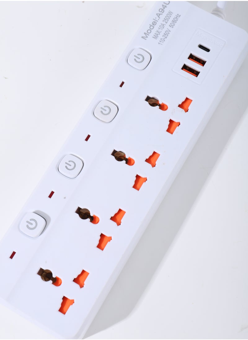 Generic - 7 in 1 3m-Universal Power Extension Cord with Surge Protector 4 Power Sockets & 2 USB Ports＆ 1 Type-C Port, 3 Meter Power Strip for House, Office etc., Multi Plug Extension Lead - 3m,2500W,White - Image 1