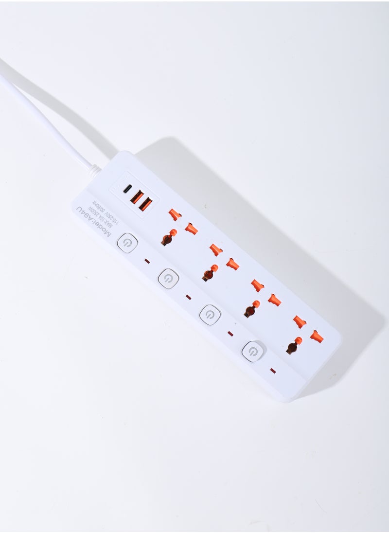 Generic - 7 in 1 3m-Universal Power Extension Cord with Surge Protector 4 Power Sockets & 2 USB Ports＆ 1 Type-C Port, 3 Meter Power Strip for House, Office etc., Multi Plug Extension Lead - 3m,2500W,White - Image 1