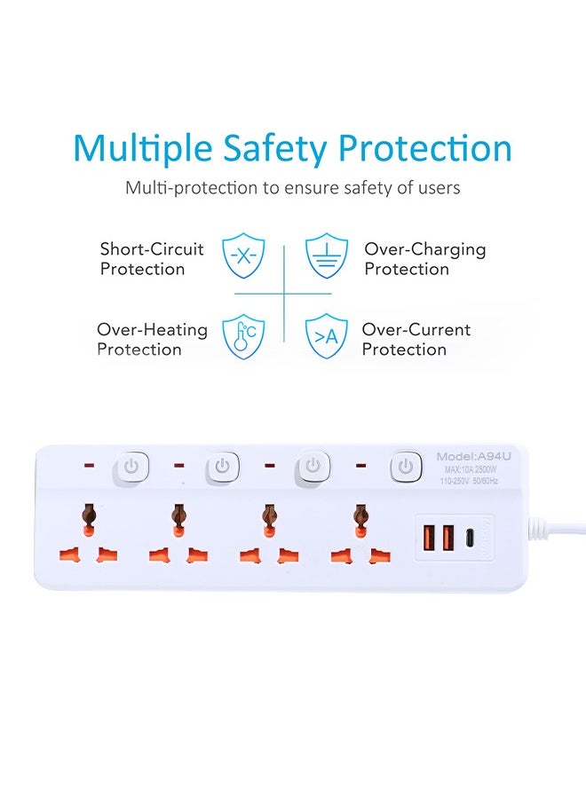 Generic - 7 in 1 3m-Universal Power Extension Cord with Surge Protector 4 Power Sockets & 2 USB Ports＆ 1 Type-C Port, 3 Meter Power Strip for House, Office etc., Multi Plug Extension Lead - 3m,2500W,White - Image 1