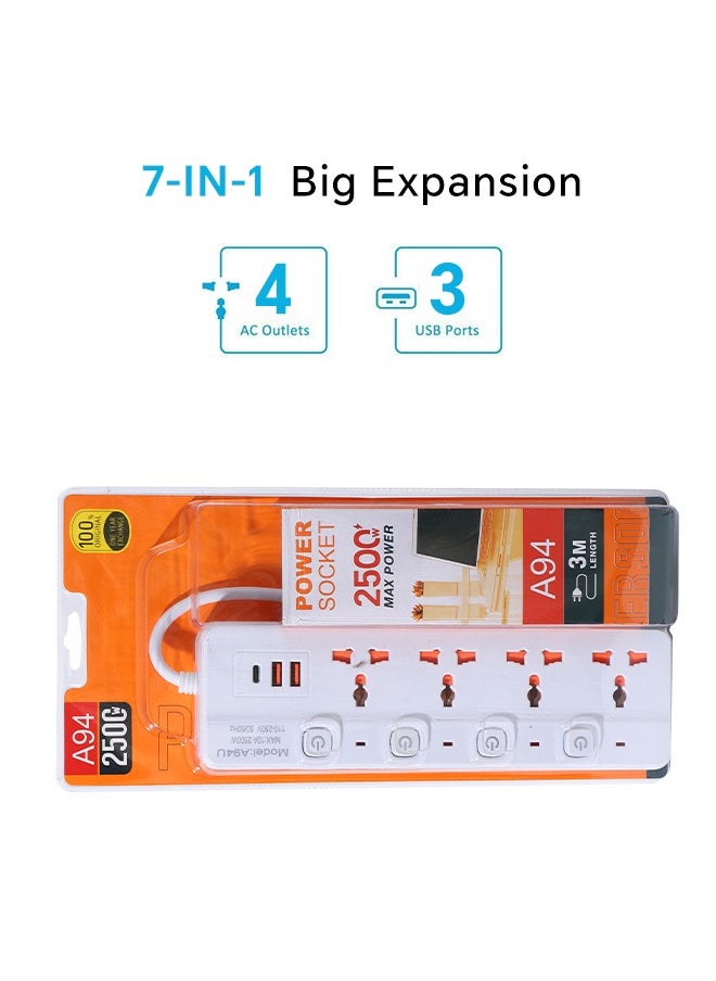 Generic - 7 in 1 3m-Universal Power Extension Cord with Surge Protector 4 Power Sockets & 2 USB Ports＆ 1 Type-C Port, 3 Meter Power Strip for House, Office etc., Multi Plug Extension Lead - 3m,2500W,White - Image 1