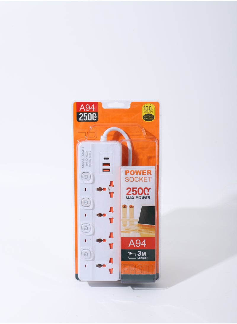 Generic - 7 in 1 3m-Universal Power Extension Cord with Surge Protector 4 Power Sockets & 2 USB Ports＆ 1 Type-C Port, 3 Meter Power Strip for House, Office etc., Multi Plug Extension Lead - 3m,2500W,White - Image 1
