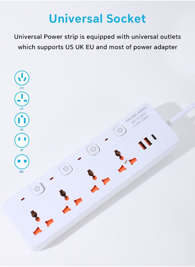 Generic - 7 in 1 3m-Universal Power Extension Cord with Surge Protector 4 Power Sockets & 2 USB Ports＆ 1 Type-C Port, 3 Meter Power Strip for House, Office etc., Multi Plug Extension Lead - 3m,2500W,White - Image 1