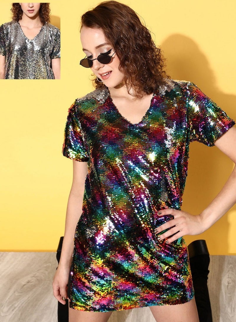 PRASHA Women Black Multi-Sequin V-Neck T-Shirt Dress - Image 2