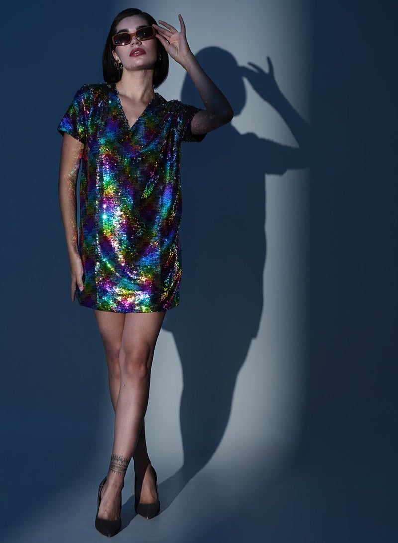 PRASHA Women Black Multi-Sequin V-Neck T-Shirt Dress - Image 1