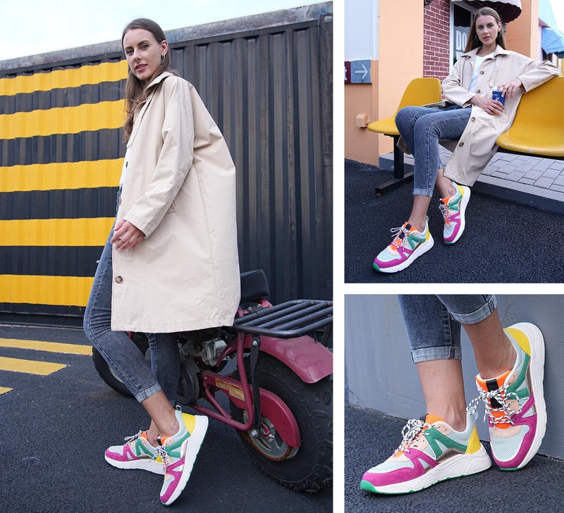 LUCKY STEP Womenâ€˜s Fashion Cusual Sneakers Platform Classic Leopard Walking Tennis Travel Shoes Chunky Colorful Lifestyle Sneakers(Fuchsia/Green,8B(M) US) - Image 2