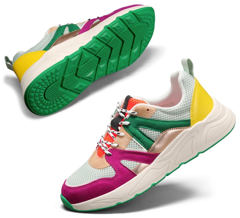 LUCKY STEP Womenâ€˜s Fashion Cusual Sneakers Platform Classic Leopard Walking Tennis Travel Shoes Chunky Colorful Lifestyle Sneakers(Fuchsia/Green,8B(M) US) - Image 1
