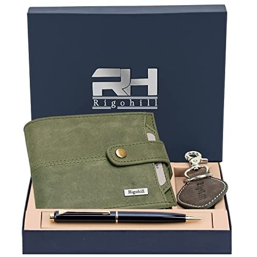 RIGOHILL Dogar Leather Green Wallet for Men with Keyring & Pen Combo Gift Set | RFID Protected Genuine Leather Wallet | Velentine's Day Gift Hamper - Image 1