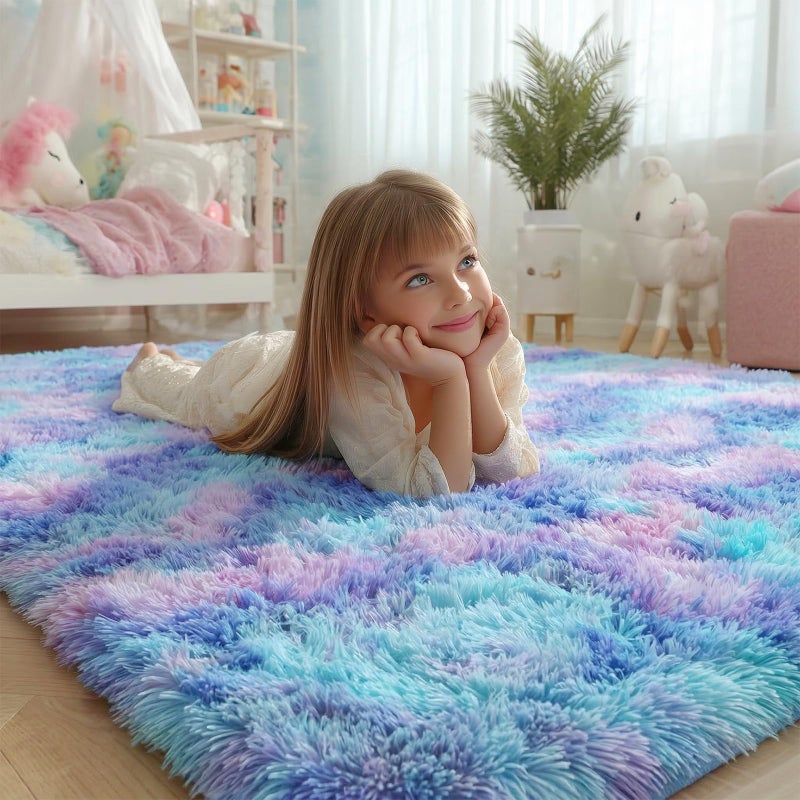 PAGISOFE Soft Purple Rainbow Rugs for Living Room, Fluffy 5x7 Area Rug, PlushCute Kawaii Rug for Bedroom Kids Room Baby Nursery, Girls Room Decor Mermaid Rugs Fuzzy Fur Pastel Carpet, Cozy Cloud Rug - Image 2