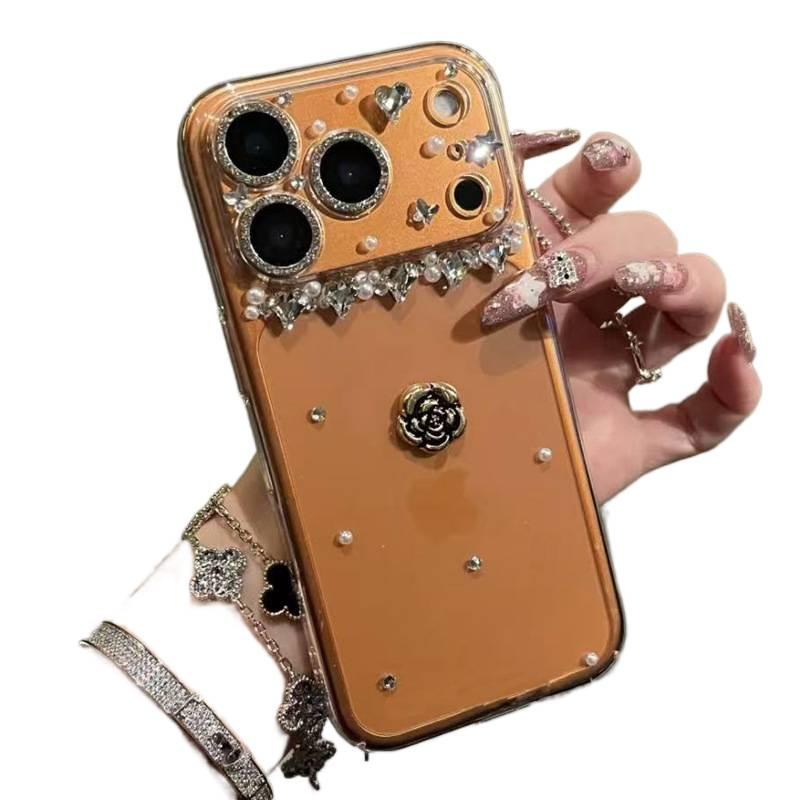 غطاء واقي بPC لـ iPhone 16 / 16 Plus / 16 Pro / 16 Pro Max مع حماية من السقوط وخرز ماسي لامع مع مقاوم للصدمات مع نقش زهرة الكاميليا باللون شفاف بتصميم زهري - Image 5
