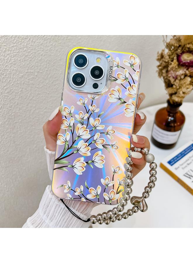 اس-توب جراب لهاتف iPhone 14 Pro Max مطلي بالكهرباء على شكل زهرة ليزر مع حزام معصم - Image 1