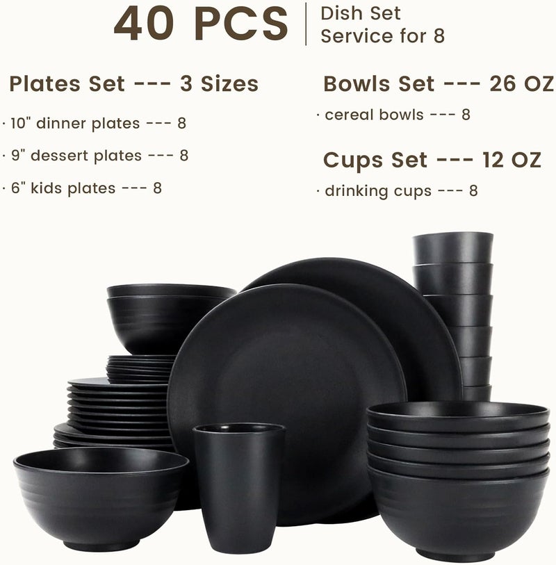 Homienly 40Pieces Wheat Straw Dinnerware Set Kitchen Plastic Wheat Straw Dinnerware Set  Service for 8 Unbreakable Lightweight Dish Set for Kitchen Camping  Plates Set Bowls Cups SetBlack - Image 2