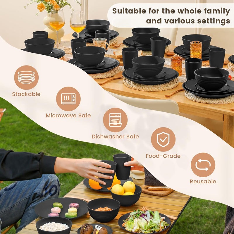 Homienly 40Pieces Wheat Straw Dinnerware Set Kitchen Plastic Wheat Straw Dinnerware Set  Service for 8 Unbreakable Lightweight Dish Set for Kitchen Camping  Plates Set Bowls Cups SetBlack - Image 5
