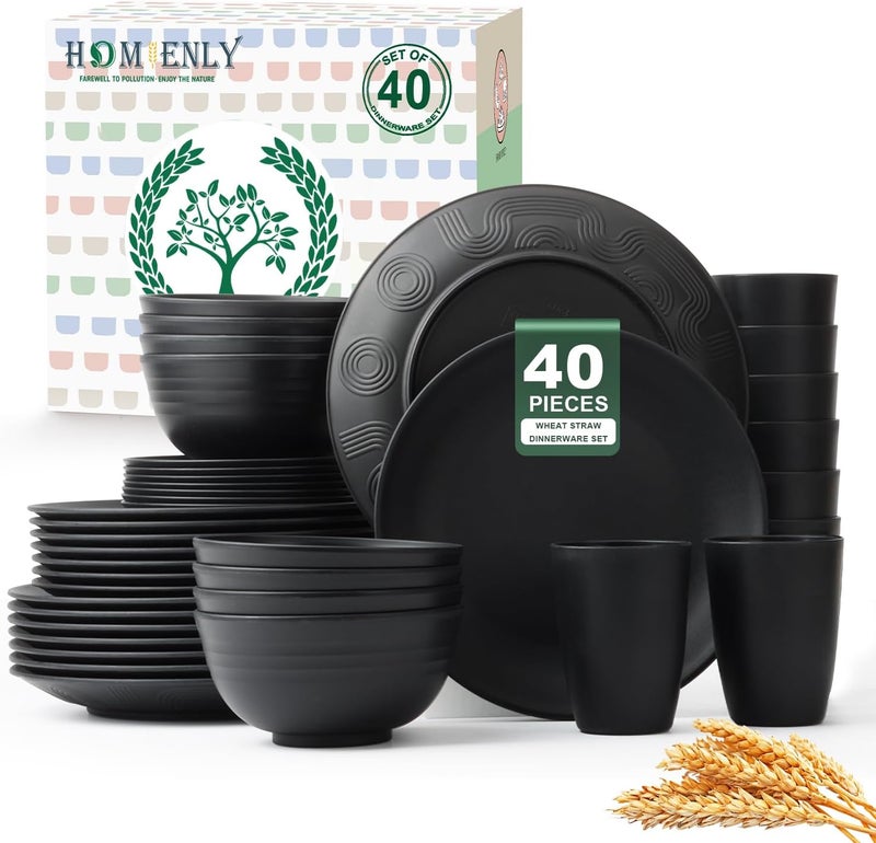 Homienly 40Pieces Wheat Straw Dinnerware Set Kitchen Plastic Wheat Straw Dinnerware Set  Service for 8 Unbreakable Lightweight Dish Set for Kitchen Camping  Plates Set Bowls Cups SetBlack - Image 1