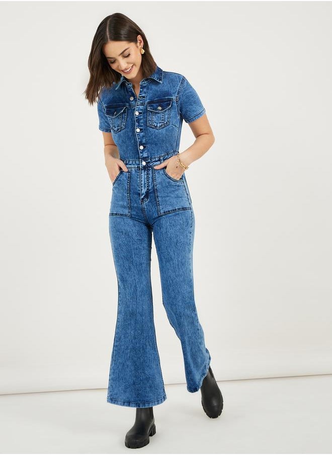 Styli Button Front Detail Flared Denim Jumpsuit  - Image 1