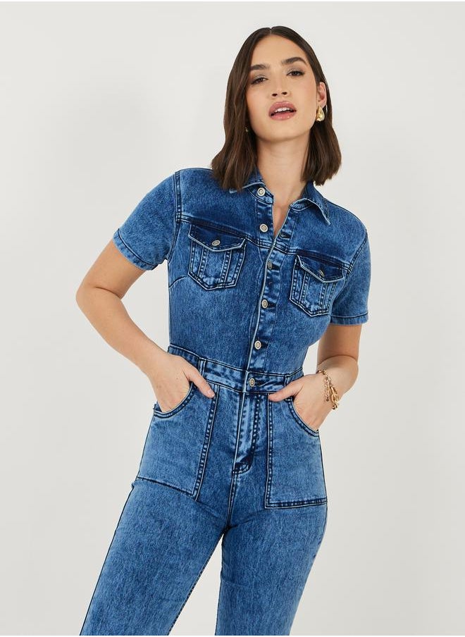 Styli Button Front Detail Flared Denim Jumpsuit  - Image 2