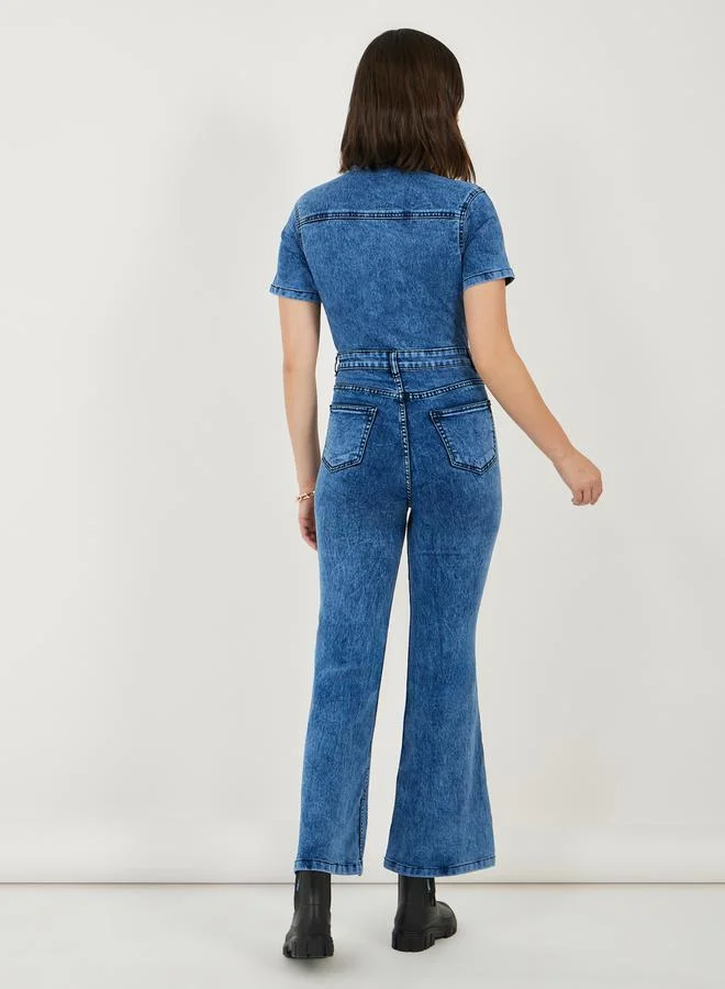 Styli Button Front Detail Flared Denim Jumpsuit