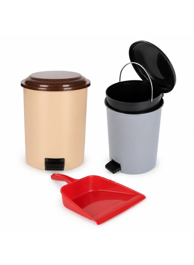 favilla Set of 2 plastic pedal trash cans with lids, 6L capacity each + free cleaning dustpan – 3-piece set – Assorted colors - Image 1